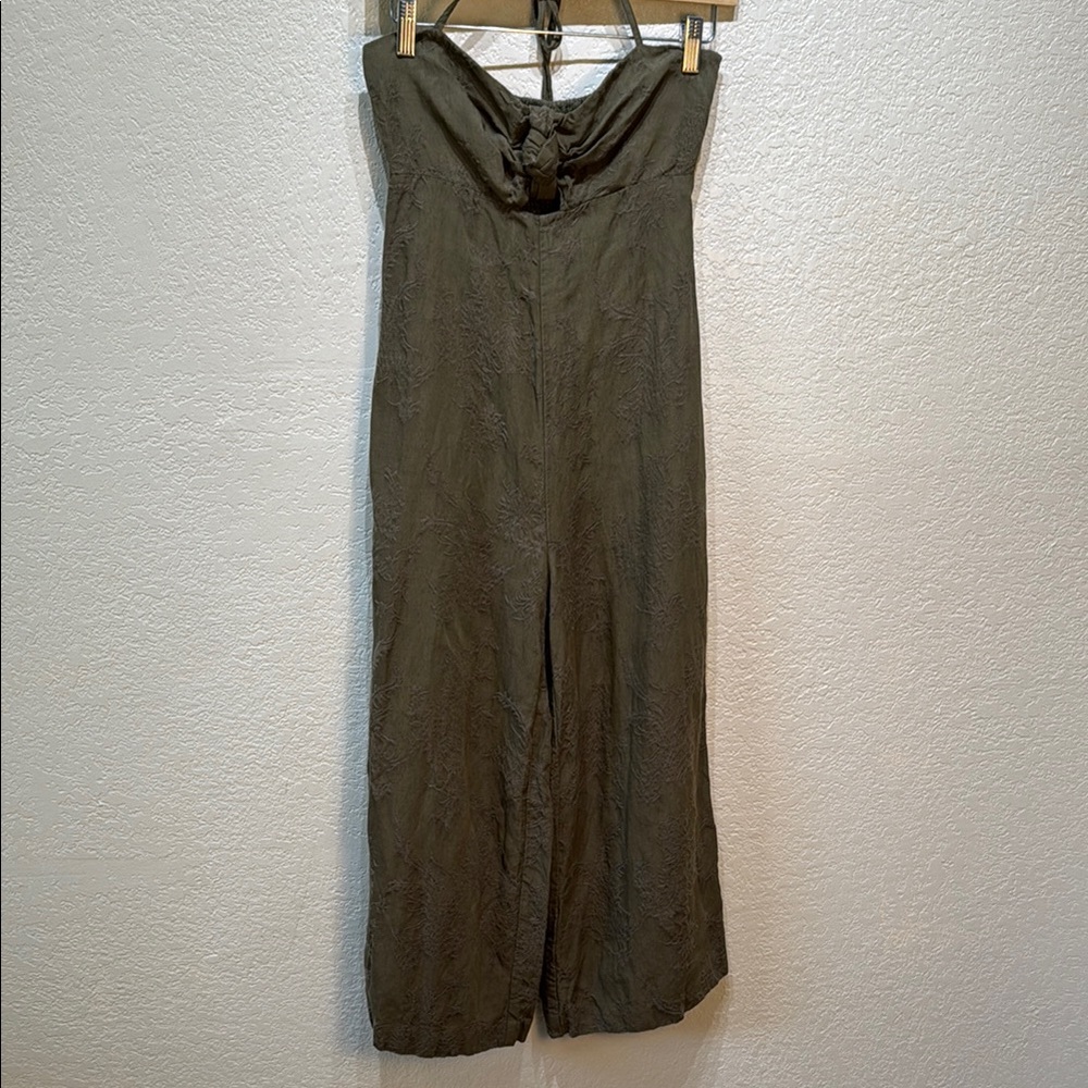 Anthropologie Elevenses Green Damask Wide Leg Jumpsuit Linen Blend Size 0‎